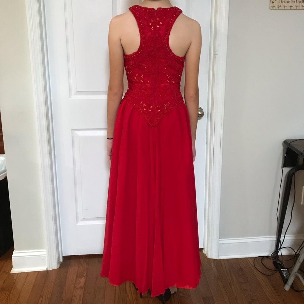 Red 100% silk, hand beaded, long formal modest dress by Baluchi; size 2. - Picture 9 of 15